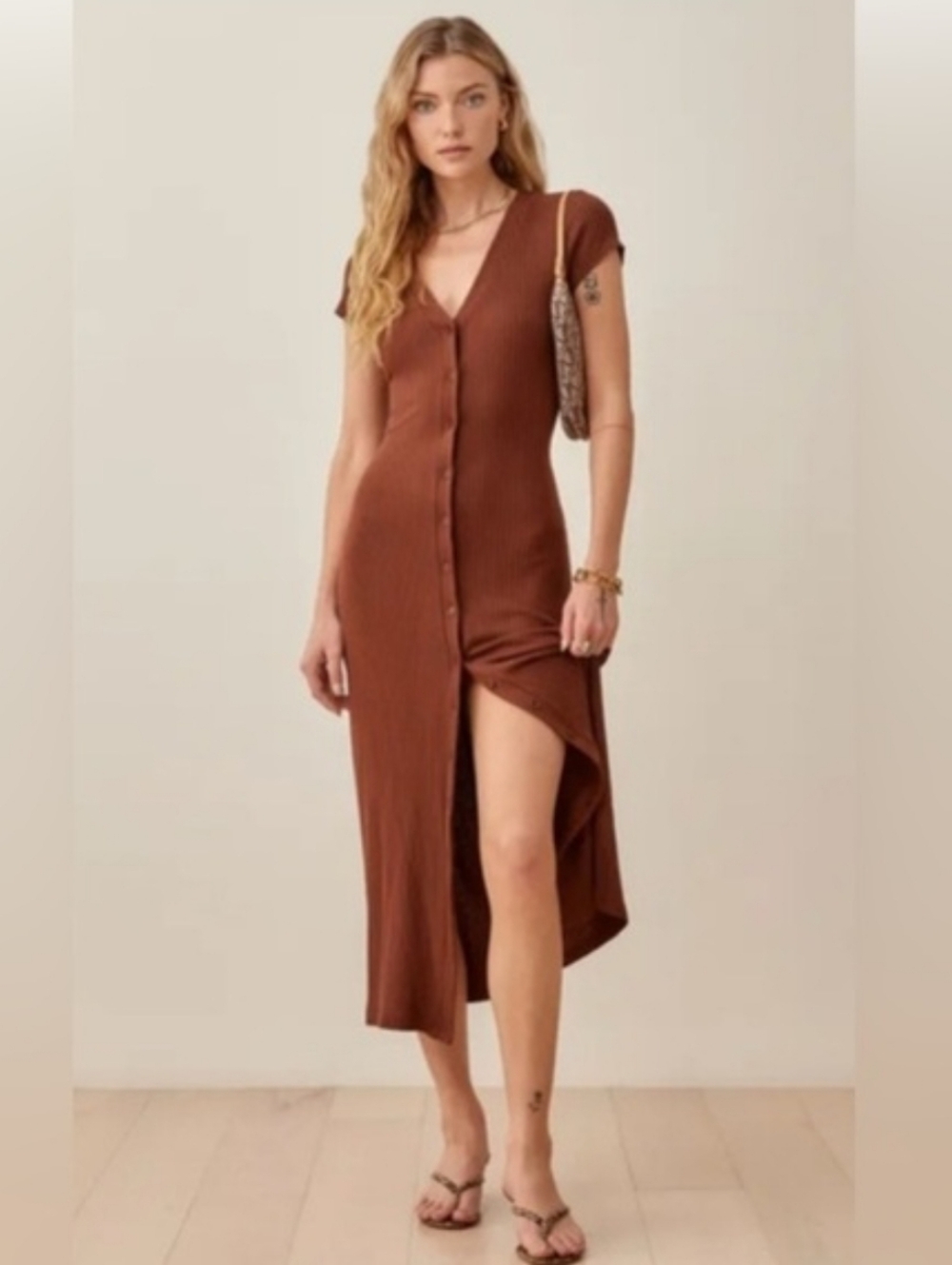Reformation Brown V-Neck Sheath Midi Dress